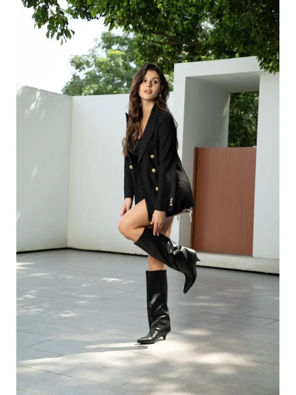 Women Black Faux Leather Pointed-Toe Folded Wide Calf Low Kitten Knee-High Boot